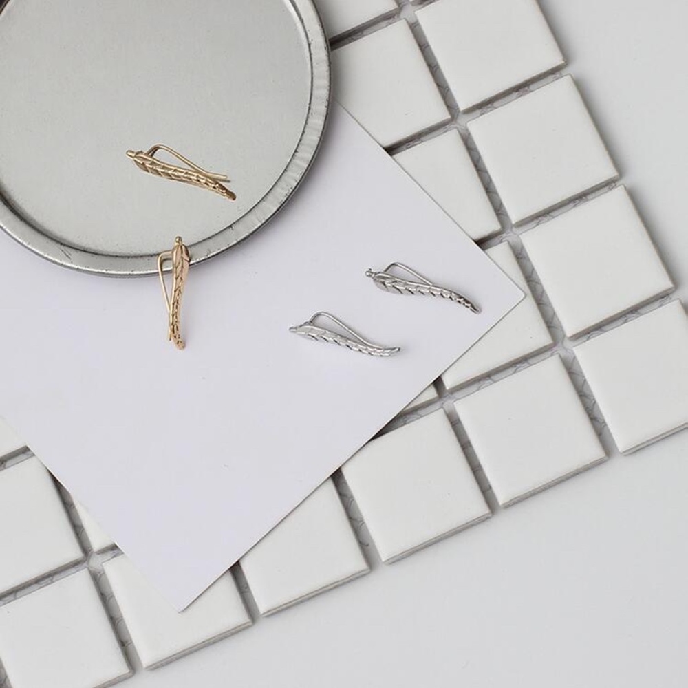 Gold Feather Leaf Stud Earrings - Picture 4 of 8